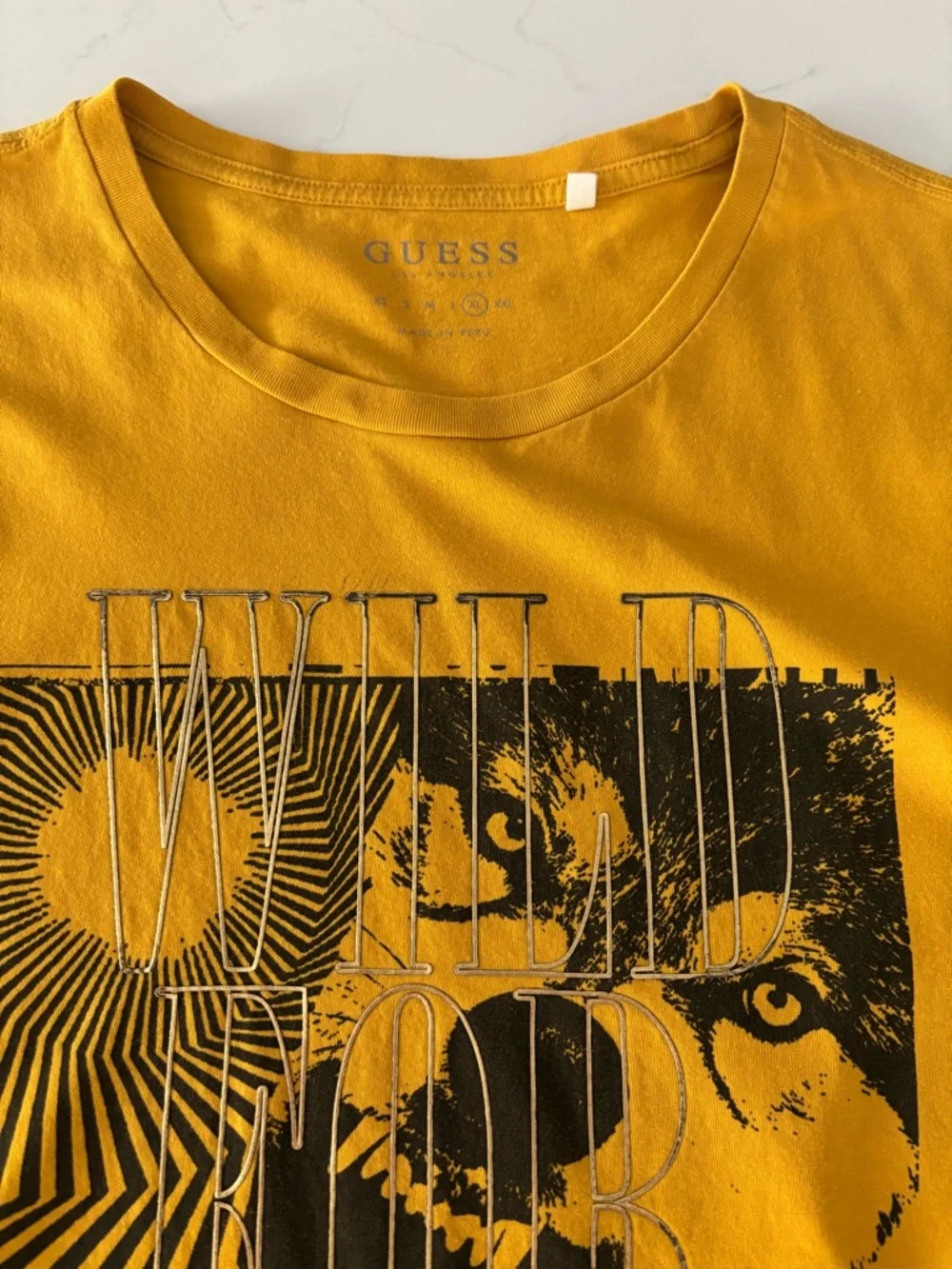 GUESS Men's Mustard Yellow Graphic Tee with Black Wolf Motif - Picture 2 of 7